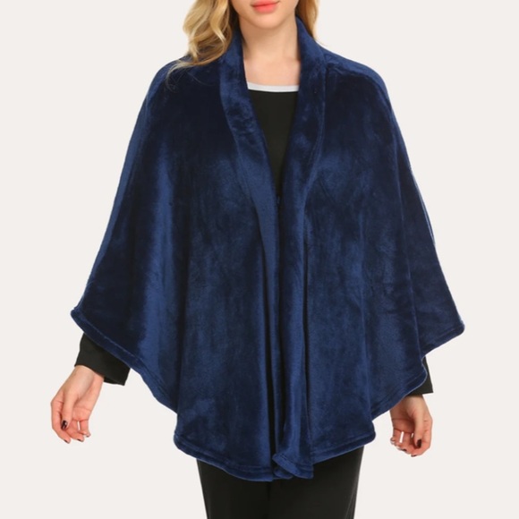 EKOUAER High quality flannel poncho blue velour O/S - Picture 3 of 5